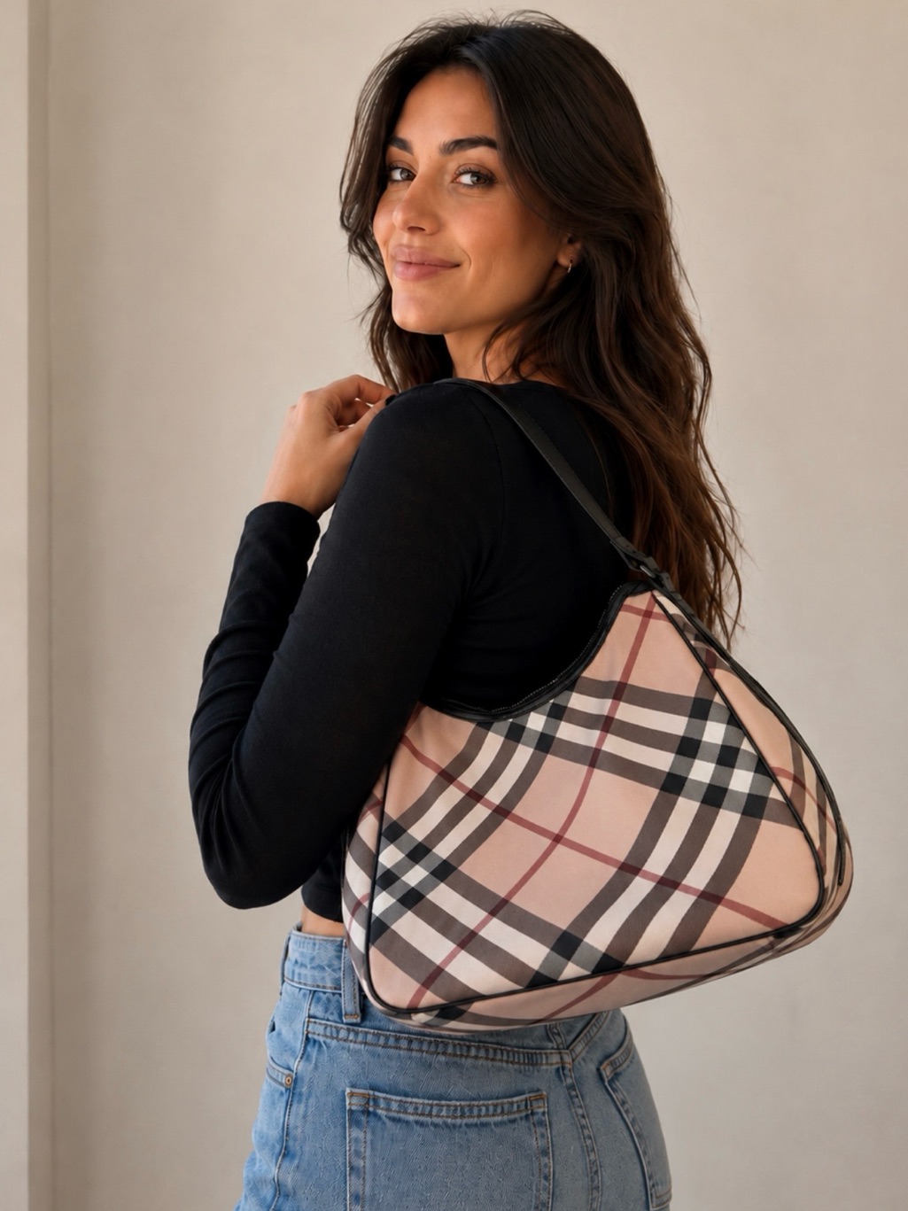 Burberry Pink Beige Check Shoulder Bag